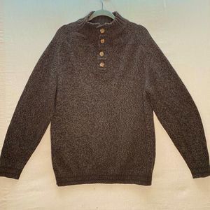 Briard Mens Sweater XL Dark Heather Brown Mock Neck Collar Four Button Closure